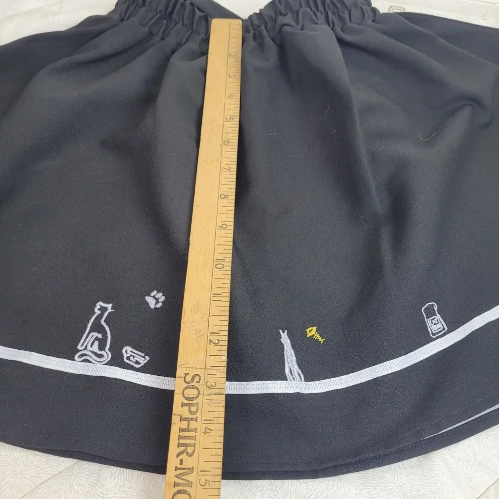 Black elastic flared skirt girls size 4 removable suspenders embroidered cats XS